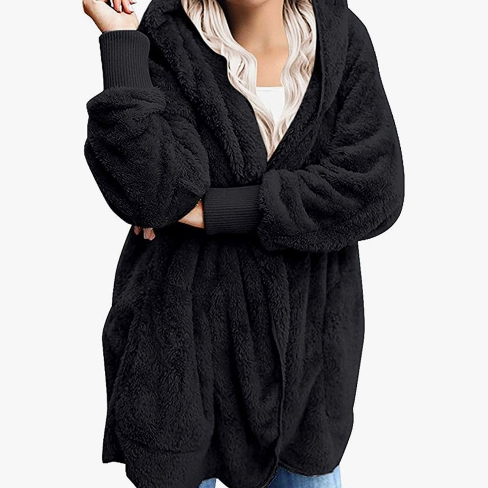 🔥  Womens Fuzzy Fleece Open Front Hooded Cardigan Jackets Sherpa Coat - Picture 3 of 4